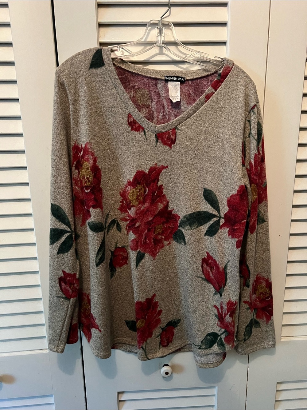 HEIMISH USA Taupe Floral V-Neck Sweater with Red Blooms